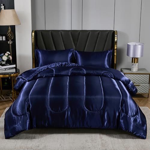 Navy Blue Satin King Comforter Bedding Set