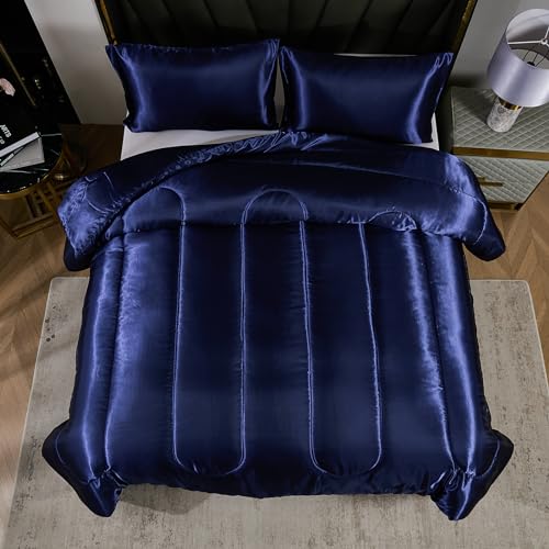 Navy Blue Satin King Comforter Bedding Set