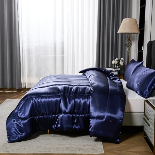 Navy Blue Satin King Comforter Bedding Set