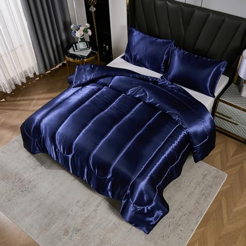 Navy Blue Satin King Comforter Bedding Set
