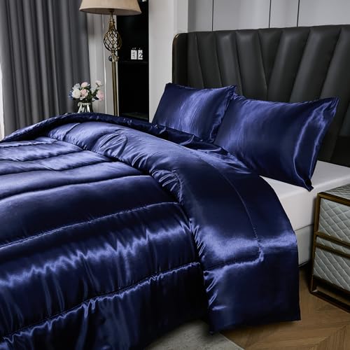 Navy Blue Satin King Comforter Bedding Set