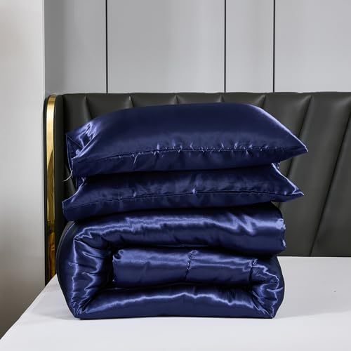 Navy Blue Satin King Comforter Bedding Set