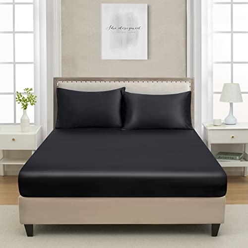 Queen Black Silk Satin Deep Pocket Fitted Sheet