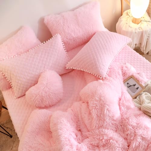 Fluffy Pink Queen Comforter Set with Pillowcases