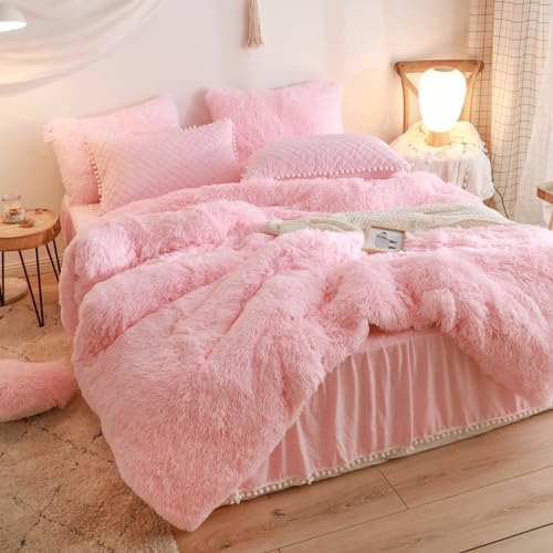 Fluffy Pink Queen Comforter Set with Pillowcases