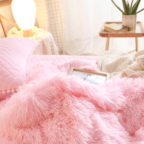 Fluffy Pink Queen Comforter Set with Pillowcases