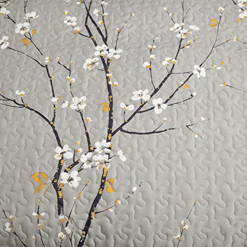 Gray Floral Reversible Quilt Set for All Seasons