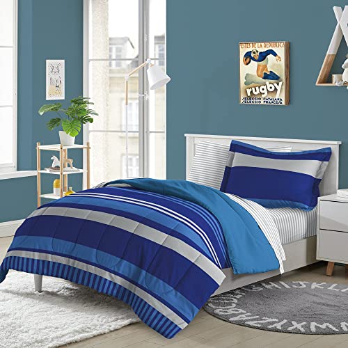 Kids 5-Piece Soft Microfiber Bed Set, Blue Rugby