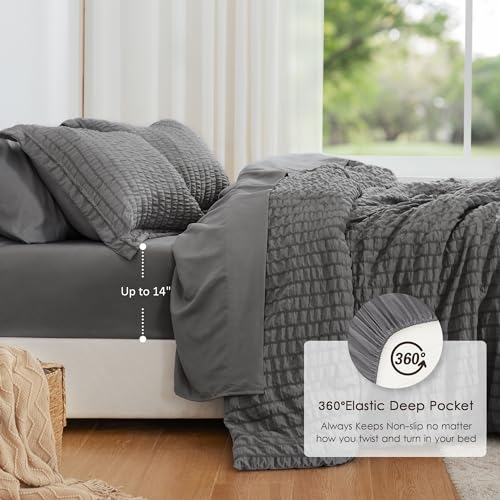 Seersucker Dark Grey Twin Comforter Set - 5 Pieces