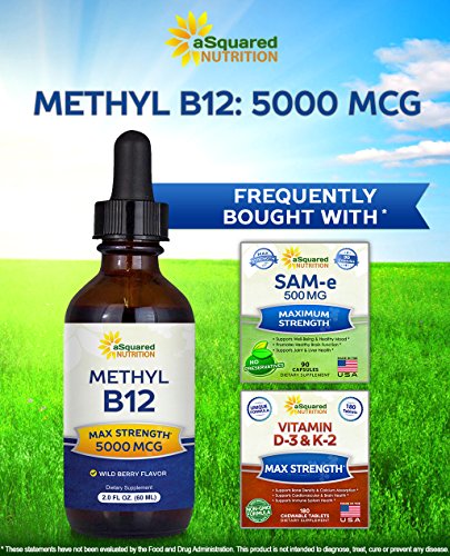 aSquared Nutrition Vitamin B12 Sublingual Liquid Drops - 5000 MCG Supplement with Methylcobalamin (Methyl B-12) - Max Absorption B 12 to Increase Energy - Vegan Friendly - 2 fl oz