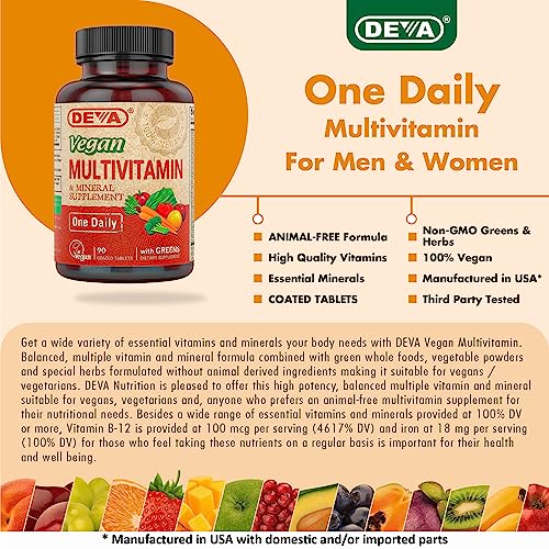 Deva Vegan Multivitamin & Mineral Supplement - Vegan Formula with Green Whole Foods, Veggies, and Herbs - High Potency - Manufactured in USA and 100% Vegan - 90 Count (Pack of 2)