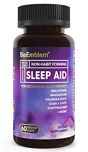 BioEmblem Natural Sleep Aid for Adults with Melatonin, Valerian Root, Suntheanine & More | Healthy Sleep Supplement | Herbal Sleeping Pills | 60 Capsules