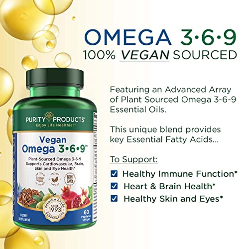 Purity Products Omega 3-6-9 Vegan and Vegetarian Omega Formula - “5 in 1” Essential Fatty Acid Complex - Scientifically Formulated Plant-Based Omega 3 6 9 Essential Fatty Acids (EFA) - from (60)