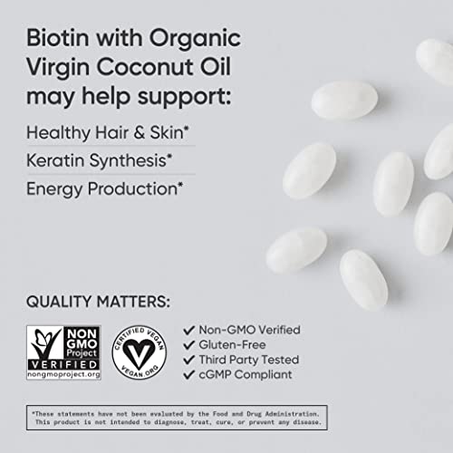 Sports Research Extra Strength Vegan Biotin (Vitamin B) Supplement with Organic Coconut Oil - Supports Keratin for Healthier Hair & Skin - Great for Women & Men - 5,000mcg, 120 Veggie Softgel Capsules
