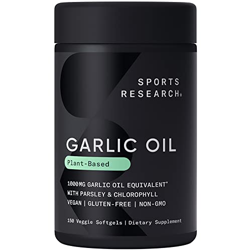 Sports Research Odorless Garlic Oil Pills (1000mg) with Parsley & Chlorophyll | Non-GMO Verified, Vegan Certified & Gluten Free (150 Plant Gels)
