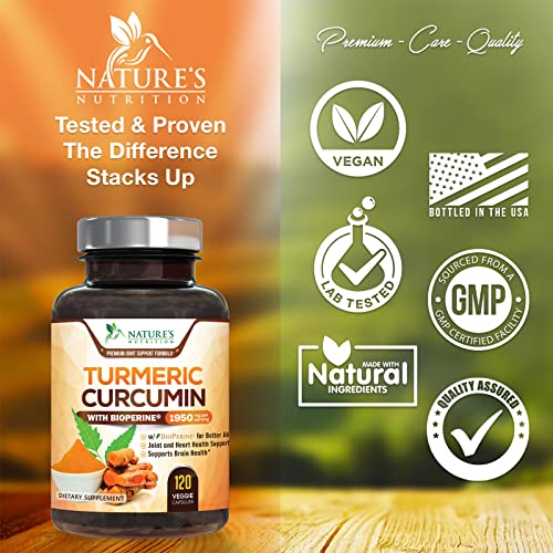 Turmeric Curcumin with BioPerine 95% Standardized Curcuminoids 1950mg - Black Pepper for Max Absorption, Natural Joint Support, Nature's Tumeric Extract, Herbal Supplement, Non-GMO - 120 Capsules
