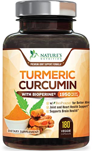 Turmeric Curcumin with BioPerine 95% Standardized Curcuminoids 1950mg - Black Pepper for Max Absorption, Natural Joint Support, Nature's Tumeric Extract, Herbal Supplement, Non-GMO - 180 Capsules