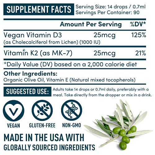 WINDSOR BOTANICALS Vitamin D3 K2 Vegan Liquid - Heart, Immune Function, and Brain Support Supplement - D3 1,000iu, K2 MK-7 25mcg Cruelty-Free Organic Olive Oil Drops - Unflavored - 90 Servings - 2oz