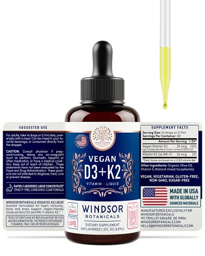 WINDSOR BOTANICALS Vitamin D3 K2 Vegan Liquid - Heart, Immune Function, and Brain Support Supplement - D3 1,000iu, K2 MK-7 25mcg Cruelty-Free Organic Olive Oil Drops - Unflavored - 90 Servings - 2oz