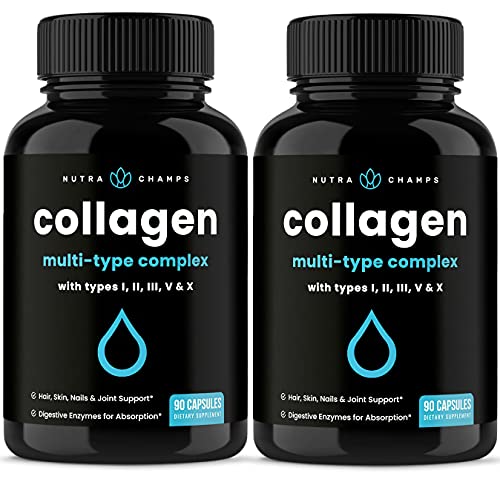 Multi Collagen Pills | Types I,II,III,V,X | Double Hydrolyzed Collagen Peptides Powder Capsules | Healthy Skin, Hair, Nails, Joints | Keto Protein Supplement for Women & Men | 180 Capsules (2 Pack)