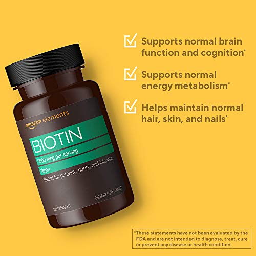 Amazon Elements Vegan Biotin 5000 mcg - Hair, Skin, Nails, 130 Capsules (4 month supply) (Packaging may vary)