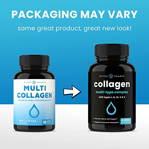 Multi Collagen Pills | Types I,II,III,V,X | Double Hydrolyzed Collagen Peptides Powder Capsules | Healthy Skin, Hair, Nails, Joints | Keto Protein Supplement for Women & Men | 180 Capsules (2 Pack)