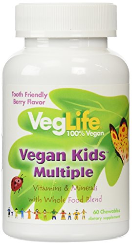 Veglife Vegan Kids Multiple | Natural Berry Flavor Chewable Multivitamin and Mineral | Whole Food Blend w/Spirulina | No Added Sugar | 60 Chewables