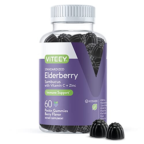 Sambucus Black Elderberry Gummies [3 in 1 Immune Booster] Plus Zinc & Vitamin C - Herbal Dietary Supplements, Plant Based Pectin - Good for Adults Teens & Kids - Berry Flavored Gummy [60 Count-1 Pack]