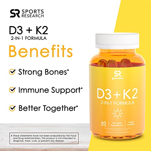 Sports Research Vegan Vitamin D3 + K2 Gummy Supplements - 5000iu Vitamin D with 100mcg Mk7 Vitamin K - Supports Calcium for Stronger Bones & Immune Health - 60 Gummies for Adults, 1 Month Supply