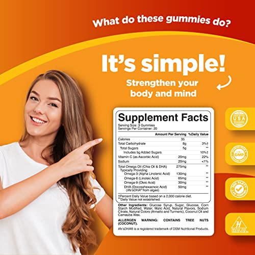 DHA Omega 3 Gummies for Adults - Delicious Vegetarian Omega 3 Supplement and Natural Gummy Vitamin with Plant Based Omega 3 6 9 - Chia Seed Based EPA DHA Omega 3 Supplement with Essential Fatty Acids
