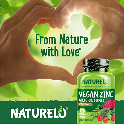 NATURELO Vegan Zinc Whole Food Complex Supplement with Vitamin C for Immune Support and Healthy Skin, Hair, and Nails - 120 Capsules