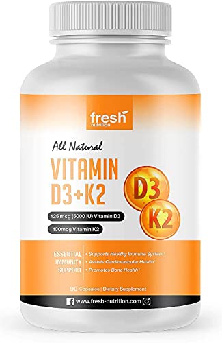 Vegan Vitamin D3 (5000iu/125mcg) + Vitamin K2 (100mcg as MK-7) for Optimal Absorption (90 Capsules 5000iu Each - 3 Month Supply) - Plant Based Vitamin D3 K2 Supplement - Non GMO, Gluten Free - ADULTS