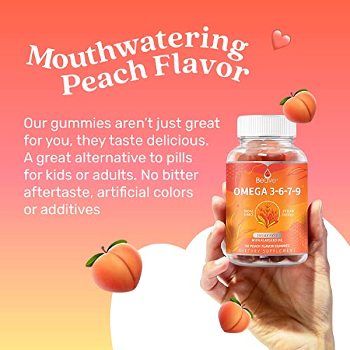 Organic Omega 3 Gummies with Omegas 6, 7, 9, DHA & EPA from Flaxseed Oil and Sea Buckthorn Fruit Oil - Sugar-Free, Supports Brain, Heart, Eye & Immune System, Supplements for Kids & Adults (60 CT)