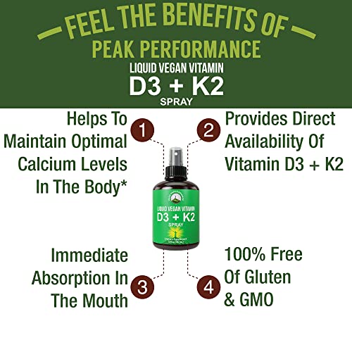 Peak Performance Liquid Vitamin D + K Spray - Vegan D3 + K2 Mk7 Drops Spray Supplement Natural Cholecalciferol, Menaquinone Vitamins. Plant Based, Gluten Free, Keto. for Adults, Kids, Men, Women