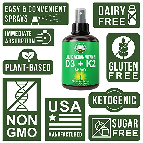 Peak Performance Liquid Vitamin D + K Spray - Vegan D3 + K2 Mk7 Drops Spray Supplement Natural Cholecalciferol, Menaquinone Vitamins. Plant Based, Gluten Free, Keto. for Adults, Kids, Men, Women