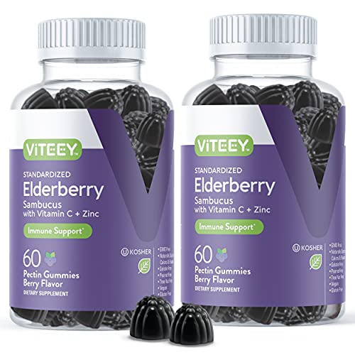 Sambucus Black Elderberry Gummies [3 in 1 Immune Booster] Plus Zinc & Vitamin C - Herbal Dietary Supplements, Plant Based Pectin - Good for Adults Teens & Kids - Berry Flavored Gummy [60 Count-2 Pack]