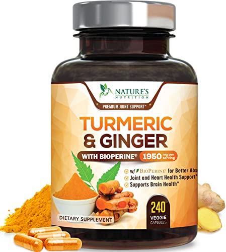 Turmeric Curcumin with BioPerine & Ginger 95% Standardized Curcuminoids 1950mg - Black Pepper for Max Absorption, Natural Joint Support, Nature's Tumeric Extract Supplement, Vegan - 240 Capsules