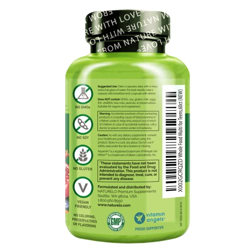 NATURELO Whole Food Multivitamin for Teens - Vitamins and Minerals for Teenage Boys and Girls - Supplement for Active Kids - with Organic Whole Foods - Non-GMO - Vegan & Vegetarian - 60 Capsules