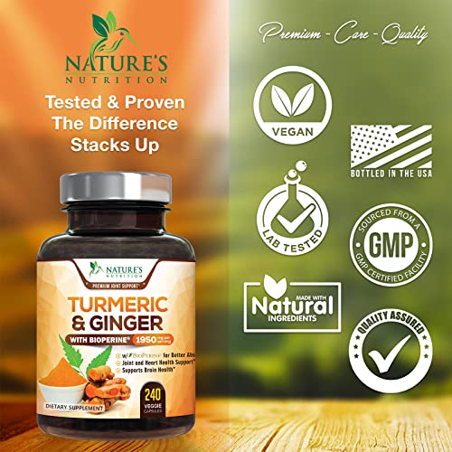 Turmeric Curcumin with BioPerine & Ginger 95% Standardized Curcuminoids 1950mg - Black Pepper for Max Absorption, Natural Joint Support, Nature's Tumeric Extract Supplement, Vegan - 240 Capsules