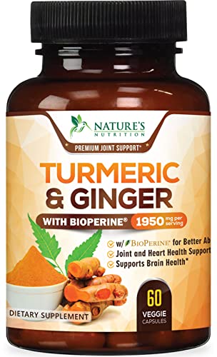 Turmeric Curcumin with BioPerine & Ginger 95% Standardized Curcuminoids 1950mg - Black Pepper for Max Absorption, Natural Joint Support, Nature's Tumeric Extract Supplement Non-GMO - 60 Capsules