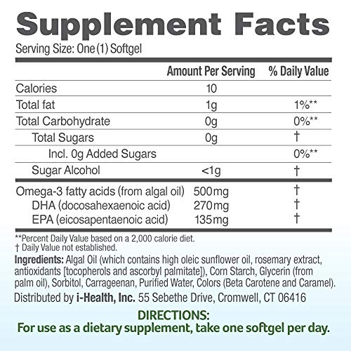 Ovega-3 Vegan Algae Omega-3 Daily Supplement, Supports Heart, Brain & Eye Health*, 500 mg Omega-3s, 135 mg EPA + 270 mg DHA, Fish Oil Alternative, No Fishy Aftertaste, Vegetarian Softgels 60 CT