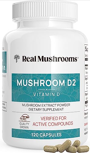 Real Mushrooms Vitamin D2 (120 ct) Vegan Vitamin D Supplements - Organic Vitamin D Vegan Supplement 1000 IU Shiitake & Agaricus Mushroom Complex - Vegan Vitamins for Bone & Muscle Health, Energy, Mood