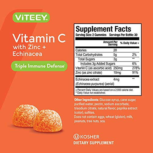 Vitamin C Gummies Plus Zinc & Echinacea [3 in 1 Immune Support Booster] Herbal Dietary Supplements, Vegan, Plant Based Pectin - Good for Adults Teens & Kids - Orange Flavor Gummy [60 Count 1-Pack]