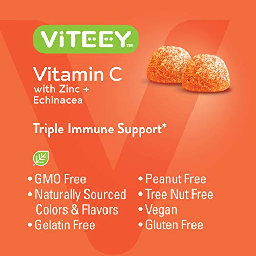 Vitamin C Gummies Plus Zinc & Echinacea [3 in 1 Immune Support Booster] Herbal Dietary Supplements, Vegan, Plant Based Pectin - Good for Adults Teens & Kids - Orange Flavor Gummy [60 Count 1-Pack]