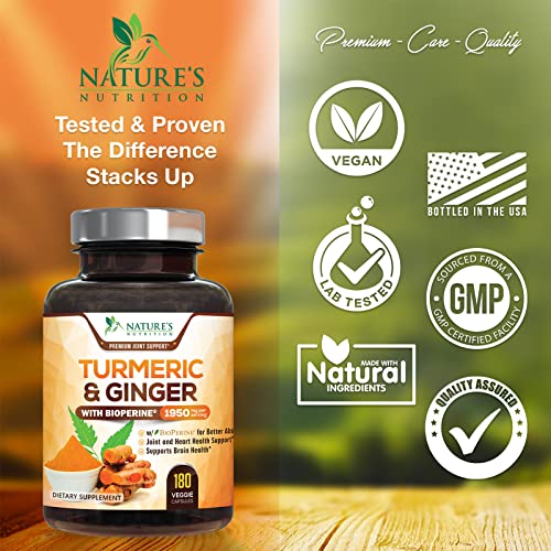 Turmeric Curcumin with BioPerine & Ginger 95% Standardized Curcuminoids 1950mg - Black Pepper for Max Absorption, Natural Joint Support, Nature's Tumeric Extract Supplement Non-GMO - 180 Capsules