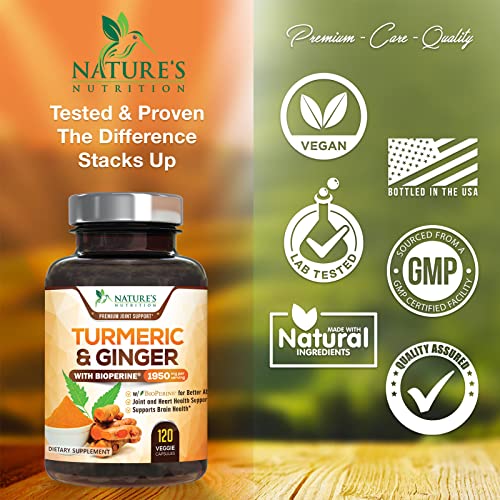 Turmeric Curcumin with BioPerine & Ginger 95% Standardized Curcuminoids 1950mg - Black Pepper for Max Absorption, Natural Joint Support, Nature's Tumeric Extract Supplement Non-GMO - 120 Capsules