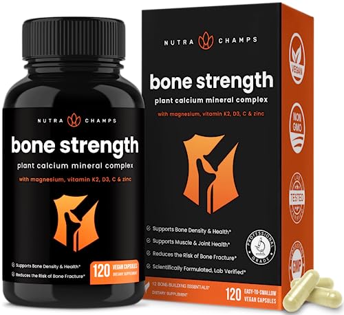 Bone Strength Supplements | Plant Based Calcium Supplement 600mg | Vitamin D3 2000 IU, K2, Magnesium, Potassium, Zinc, Boron & Strontium | Whole Food Supplement for Bone Health | 120 Vegan Capsules