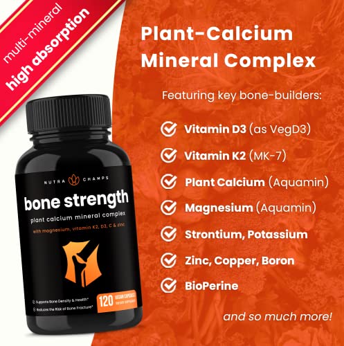 Bone Strength Supplements | Plant Based Calcium Supplement 600mg | Vitamin D3 2000 IU, K2, Magnesium, Potassium, Zinc, Boron & Strontium | Whole Food Supplement for Bone Health | 120 Vegan Capsules