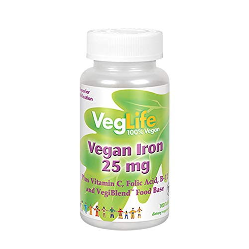 VegLife Vegan Iron 25 mg | Plus Vitamin C, Folic Acid, B-12 and VegiBlend Food Base | Plant Based Iron Supplement for Women & Men | 100 Tablets | 2 pk