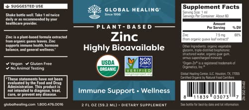 Global Healing USDA Organic Zinc Liquid Supplement - Pure Vitamin Drops for Immune System Boost, Hormone Balance, and Healthy Aging - Vegan-Friendly, Non-GMO - 2 Fl Oz
